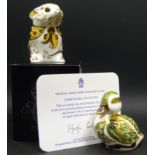 A Royal Crown Derby paperweight, Derbyshire Duckling, gold stopper, certificate; Field Mouse, boxed,