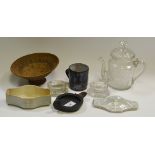 Ceramics and Glass -a pair of canted clear glass salt cellars; a glass teapot;