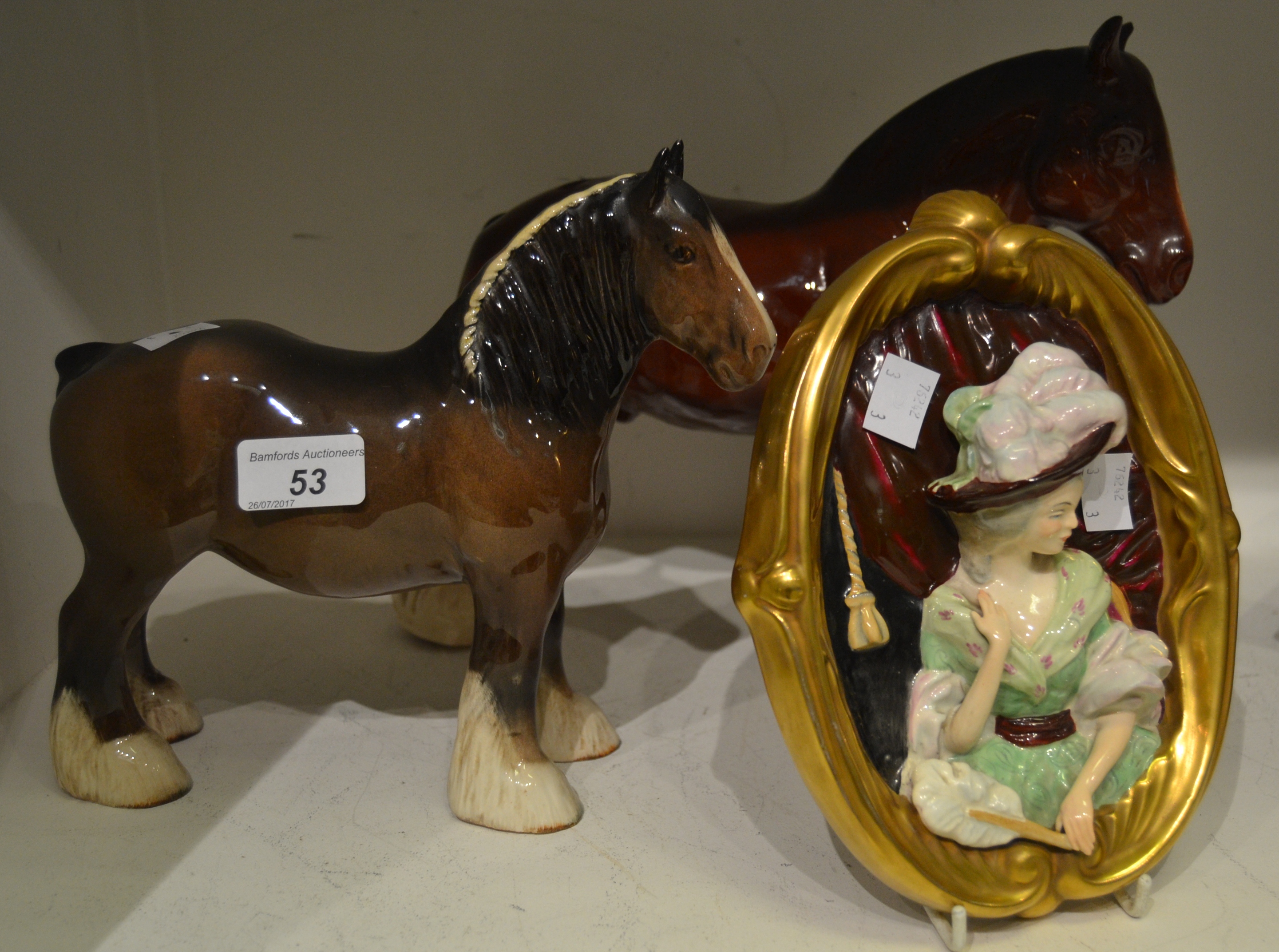 Ceramics - a Beswick bay gloss shire horse; a Melba type shire horse; a Wedgewood,