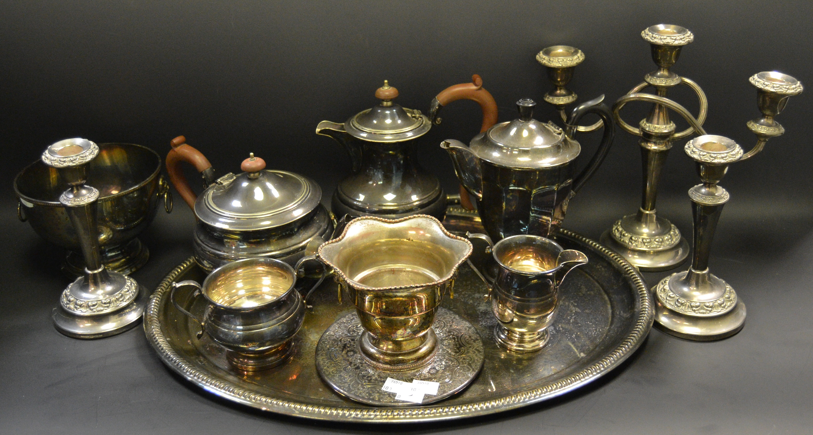 Silver Plated Ware - silver plated gallery tray; candelabrum; coffee pot; cream jug; etc;