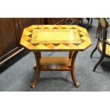 A Continental canted rectangular parquetry low occasional table, the top with shallow gallery,