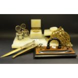 Ephemera - an onyx desk set; ink blotter; a brass letter rack; a Victorian ink stand;