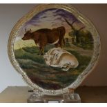 A large platter, quarter lobed, painted with cattle scene,