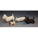 Beswick Figures - a Champion boy pig; a white white Scottie dog; a similar black;