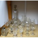 Glassware - a Victorian cut decanter; a late 18th Century thistle bulb bowl; others etched, etc,