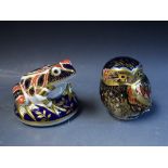 A Royal Crown Derby paperweight, Frog, printed mark, no stopper; another, Little Owl,