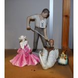 Ceramics - a Bing & Gronghal figure Foundry man No 2335; a Lladro Swan; Coalport lady Alana;