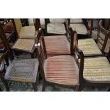 Two Regency style bar back mahogany dining chairs; an Edwardian mahogany inlaid bedroom chair;