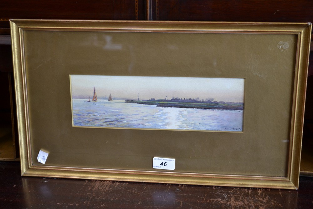 William Luker Jnr (1867 - 1948) Boats at Sunset, Smoking Chimneys on the Shore signed, watercolour,