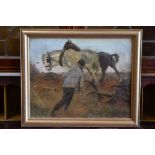 Harry Fidler Ploughman and Horses at Work inscribed to verso, oil on canvas,