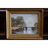 English School (19th century) Haycart Crossing a Bridge signed, oil on board, 17.5cm x 23.