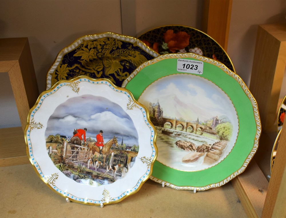 A Royal Crown Derby shaped circular plate, printed with a view of Llangollen, apple green border,