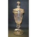 An early 20th century commemorative clear glass sweetmeat jar and cover, engraved with Royal Crest,