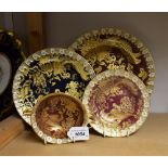 A Royal Crown Derby Red Aves pattern 27cm plate; others soup bowl, side plate; a Blue Aves plate,