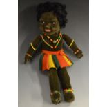 A Nora Wellings Island Girl velveteen doll, brown glass eyes, wearing beads and felt skirt,