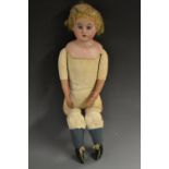 A Ernst Heubach bisque head doll, with open blue eyes, open mouth with six upper teeth, blond wig,