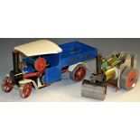 Mamod - a Steam Wagon, SW1, blue body, red spoked wheels, boxed; another Steam roller,