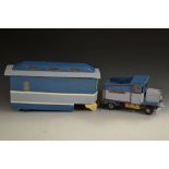 A scratch built model of a Scammel type wagon and caravan, wooden bodies,