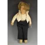 A composite head sailor boy doll, brown hair, moulded features, stuffed cloth body,