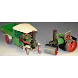 Mamod - a Steam Wagon, SW1, green body, red spoked wheels, cream canopy,