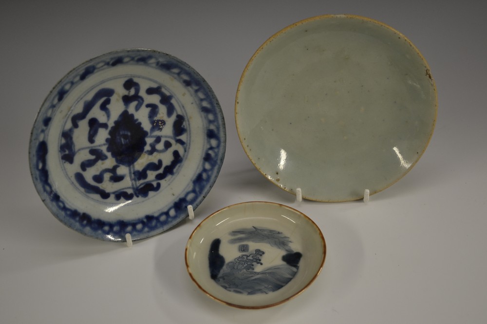 An early 18th century Japanese celadon saucer dish,