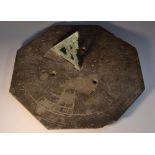 A George III slate octagonal sundial, marked out and inscribed Time Ultimam and dated 1787,