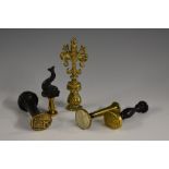 A 19th century brass desk seal, fleur-de-lys cresting, plain oval matrix, 9cm high; another,