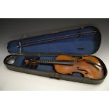 A German violin, two piece back, double line purfling, back, 35.5cm long, cased, bow en suite, c.