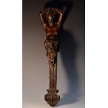 A 19th century French walnut figural pilaster, carved in the Renaissance taste as a male herm,