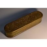 A Dutch design brass rounded rectangular tobacco box, engraved with stylised figures and script,