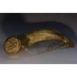 A large 19th century Scottish cattle horn powder flask,