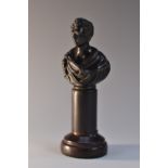 A 19th century dark patinated bronze library cabinet bronze, depicting Lord Byron, mahogany plinth,