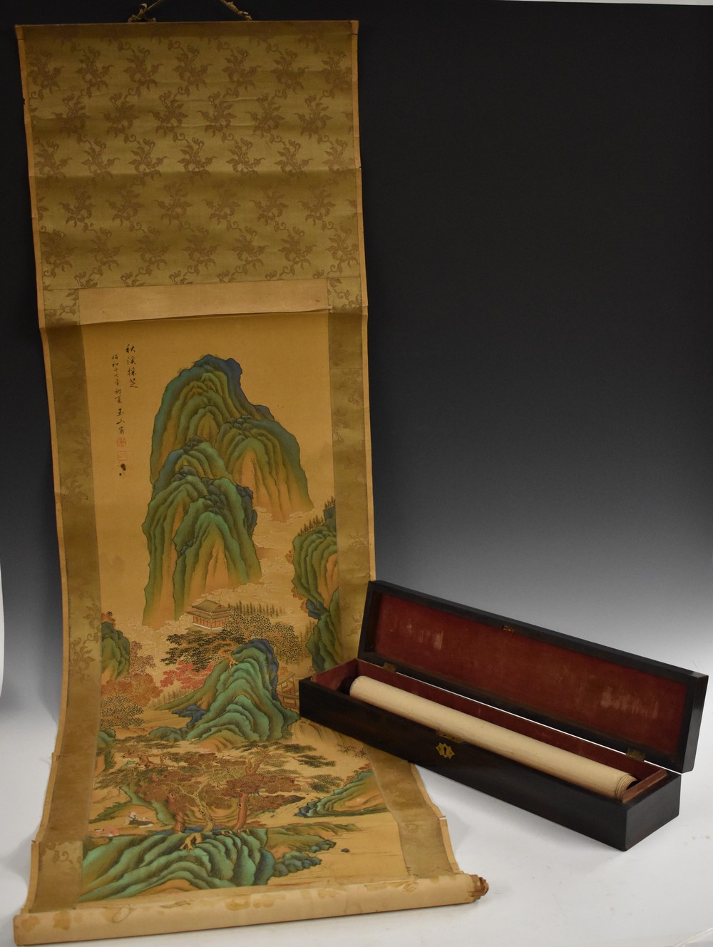 Chinese School (19th century) Figures in a Monumental Landscape, scroll script and seal,