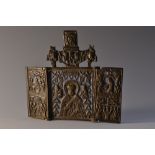 A dark patinated bronze and enamel Orthodox tryptic icon,