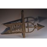 A 19th century copper weather vane, arrow terminal, pierced date 1899,