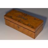 A 19th century French satinwood and cut-steel pinwork glove box, hinged cover and fall front,