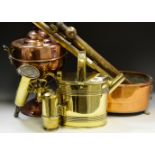 A Victorian brass country house watering can; a 19th century copper samovar; a copper jardiniere;