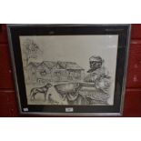 Adrian Compton (Barbados) Tribal Street ink sketch, signed, dated 87,