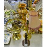 Lighting - a Victorian brass oil lamp; others ; a copper oil lamp converted to electricity,