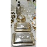 A silver plated entree dish; another; a cut glass tazza; a soda syphon, c.