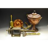 Metalware - a Victorian copper and brass Samovar; a carriage lantern, chamber sticks,