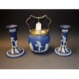 A pair of Adams jasperware candlesticks, impressed JC; another,