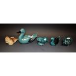 Ceramics - Poole animals glazed in tones of turqoise and brown including large duck, hedgehog,