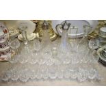 Glassware - a pair of cut glass ships decanters; others, wine glasses, brandy glasses, tumblers,