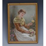 An English porcelain rectangular plaque, painted with a young beauty gathering blooms,