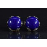 A pair of blue hard stone cabochon and diamond earrings,