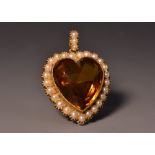 A citrine and seed pearl heart pendant,