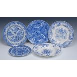 A Spode Grasshopper pattern shaped circular plate, printed in tones of blue with grasshopper, fence,