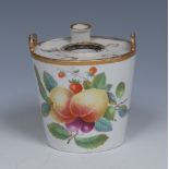 A Wedgwood tapering cylindrical inkwell, painted with ripe fruit, gilt line rim,