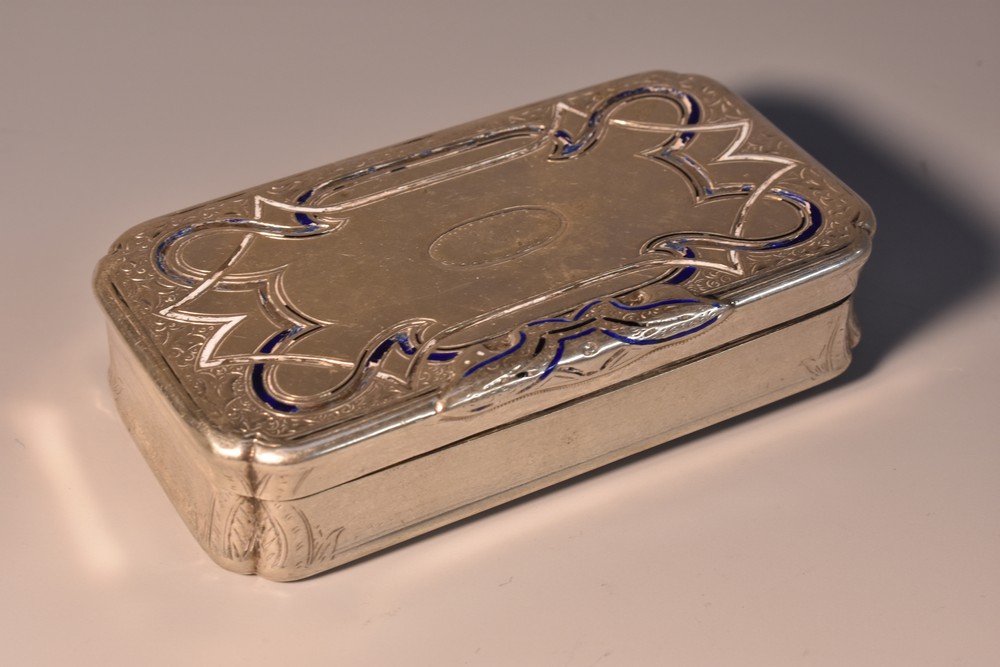 A 19th century Austrian silver rectangular snuff box, hinged cover engraved with strapwork,